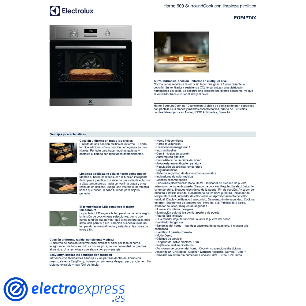 Horno independiente electrolux eof4p74x inox pirolitico a+ 2 00782026