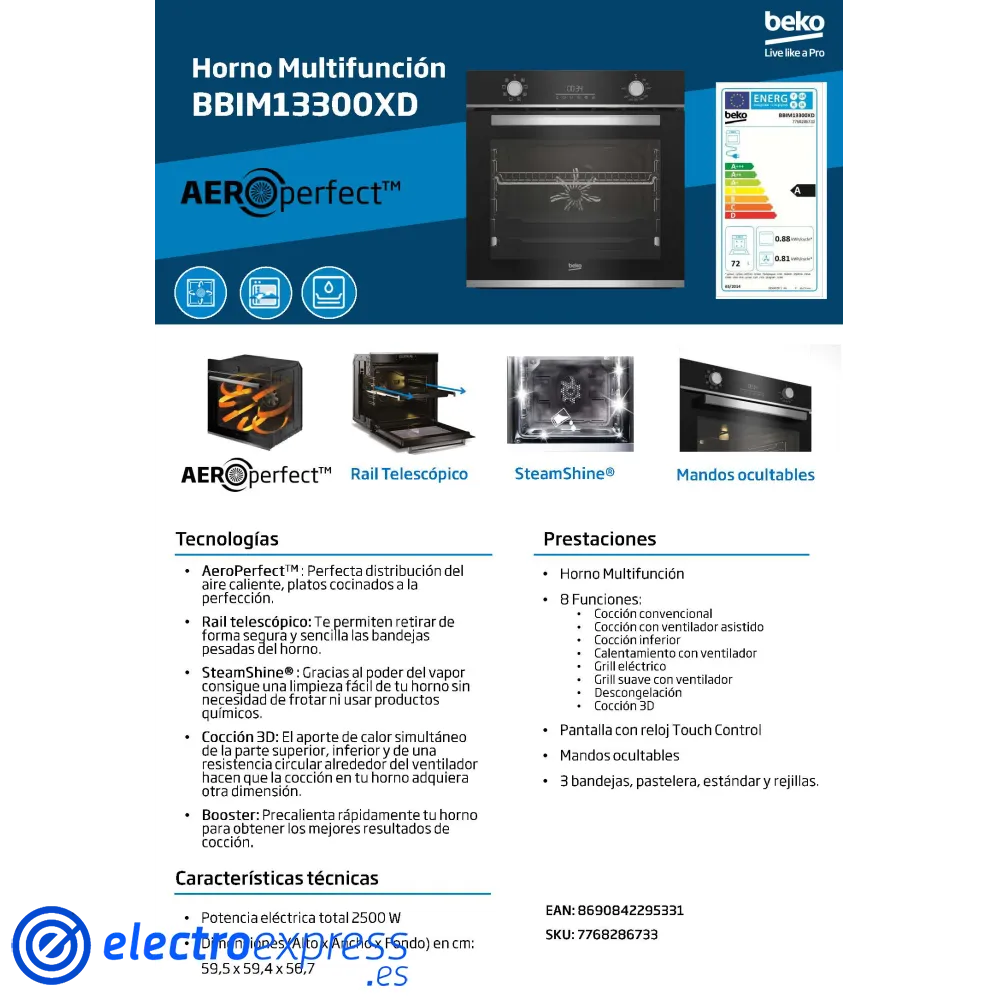 Horno independiente beko bbim13300xd inox multifuncion 8funciones a 2 01090083