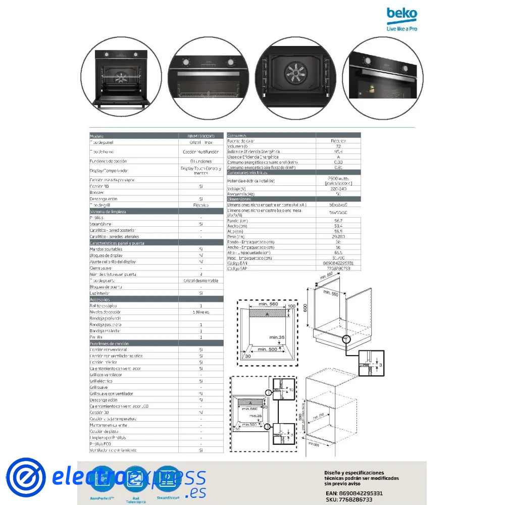 Horno independiente beko bbim13300xd inox multifuncion 8funciones a 3 01090083
