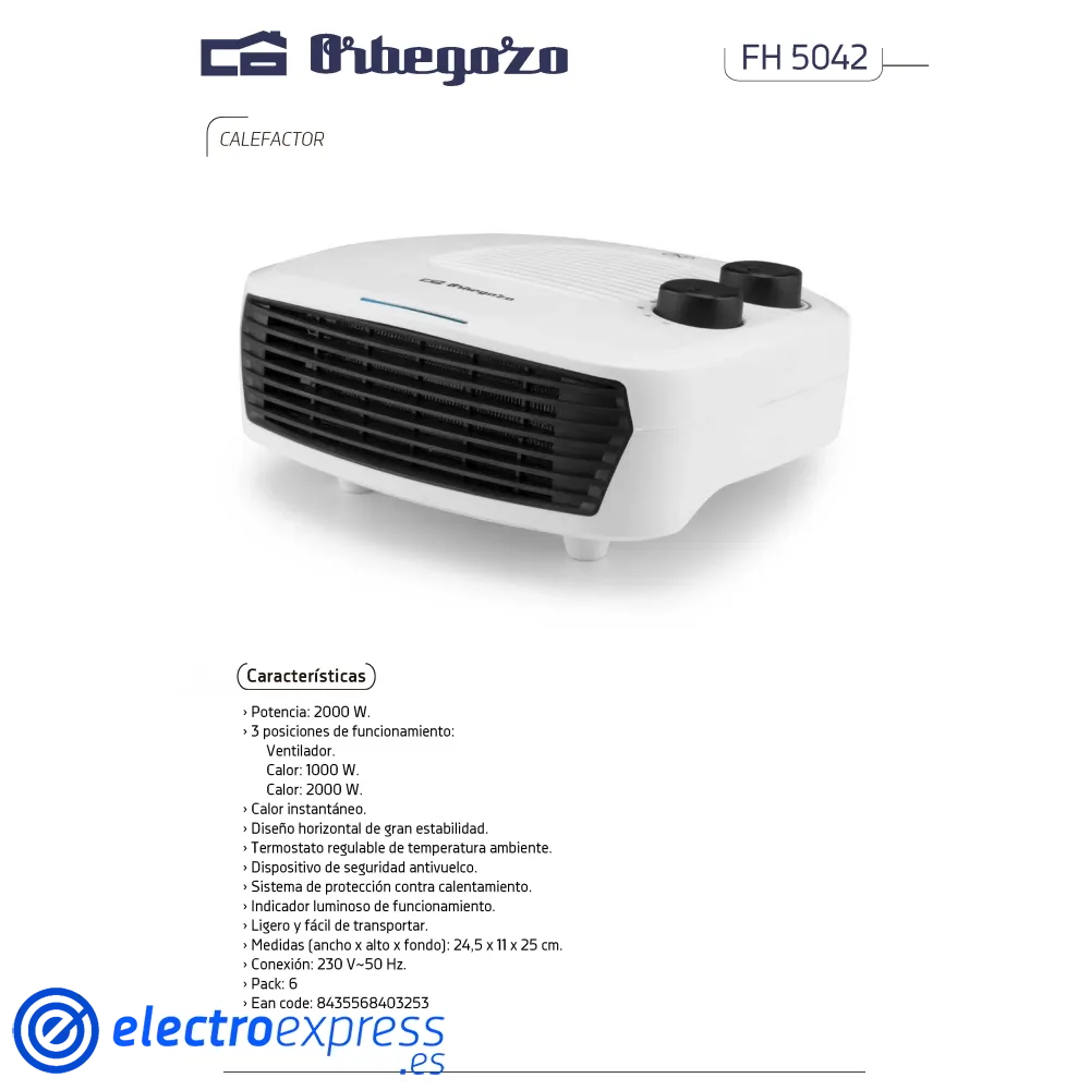 Calefactor orbegozo fh5042 compacto horizontal 2000watios blanco 4 00161069